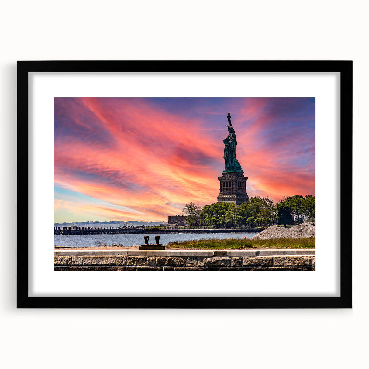 Abstract art print of Ellis Island in vibrant, colorful hues on a large, textured canvas, ideal for living room decor.