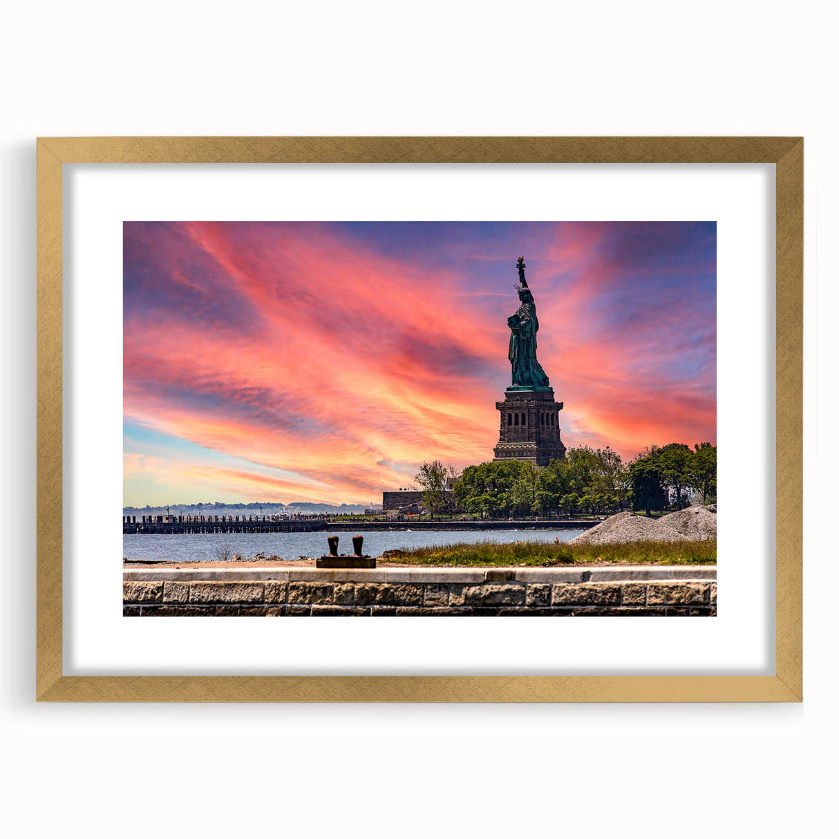 Extra large wall art featuring an abstract print of Ellis Island in textured gold tones, ideal for living room decor.