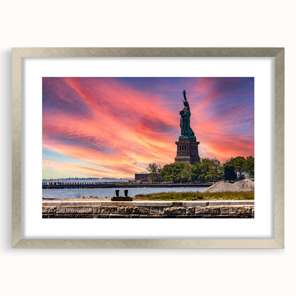 Textured art print of Ellis Island in abstract style, featuring muted blue and gray tones on a framed silver mat.