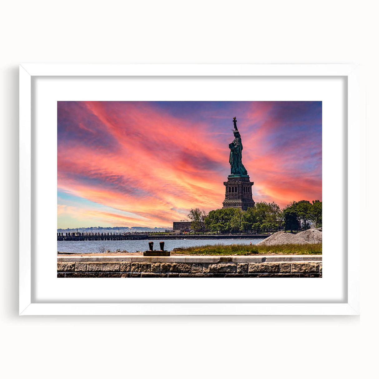 Abstract art print of Ellis Island in muted gray and blue tones on a framed white mat, ideal for dining room decor.