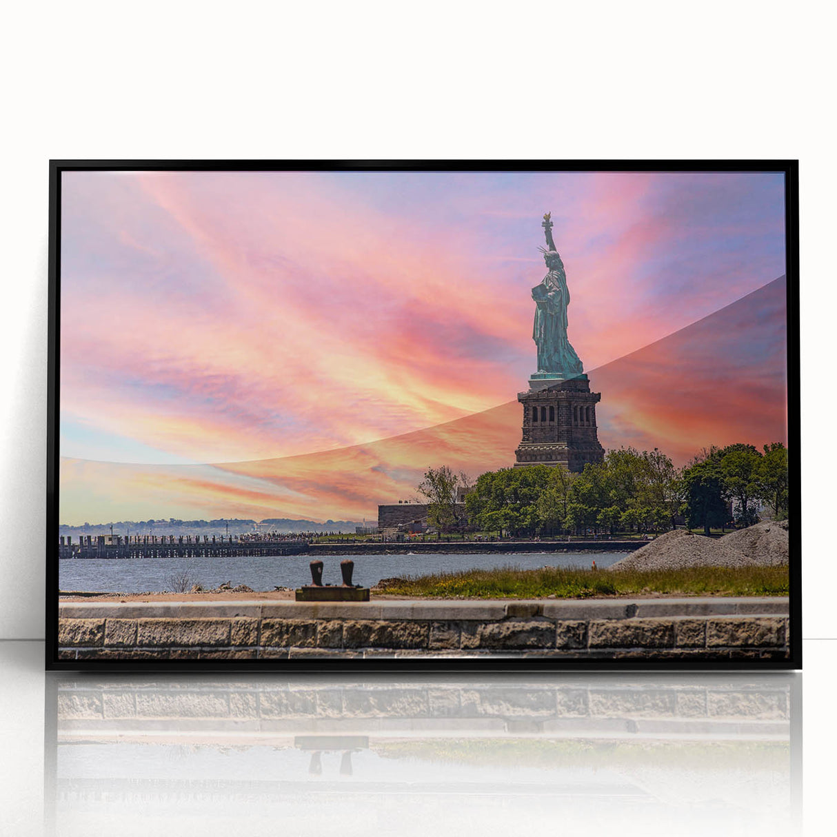Large abstract wall art depicting Ellis Island in muted grayscale tones on a framed acrylic, ideal for modern art wall decor.
