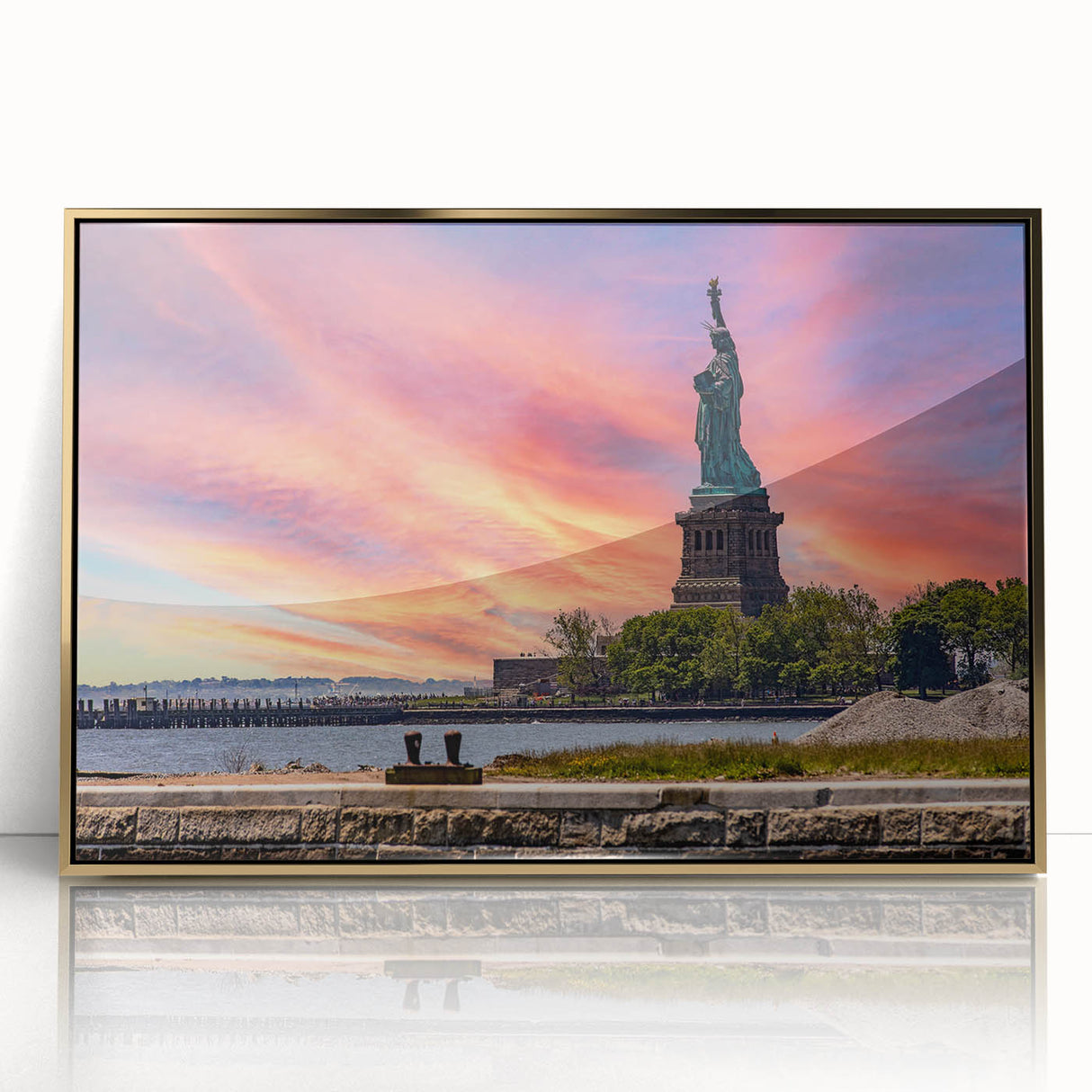 Framed acrylic print of Ellis Island with soft gray and blue tones, in a mid-century modernist style.