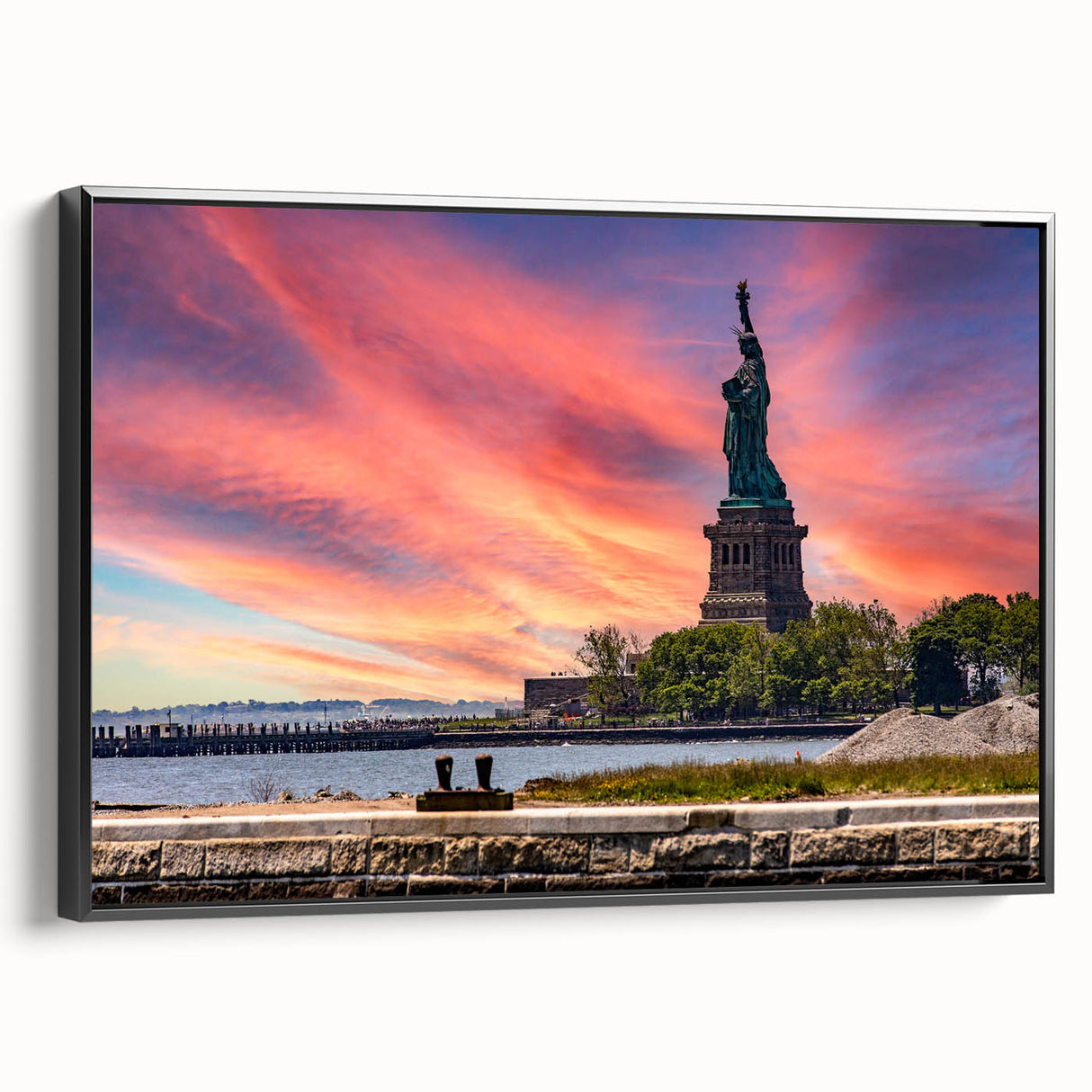 Black and white vintage poster art of Ellis Island on framed canvas, suitable for bedroom wall decor.