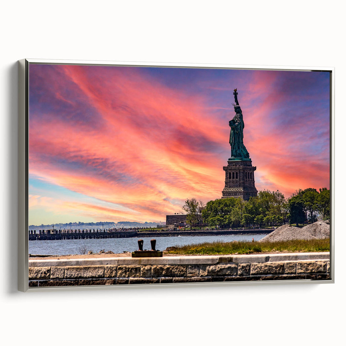 Framed canvas of a vintage-style Ellis Island landscape painting with black and colorful art, ideal for office decor.
