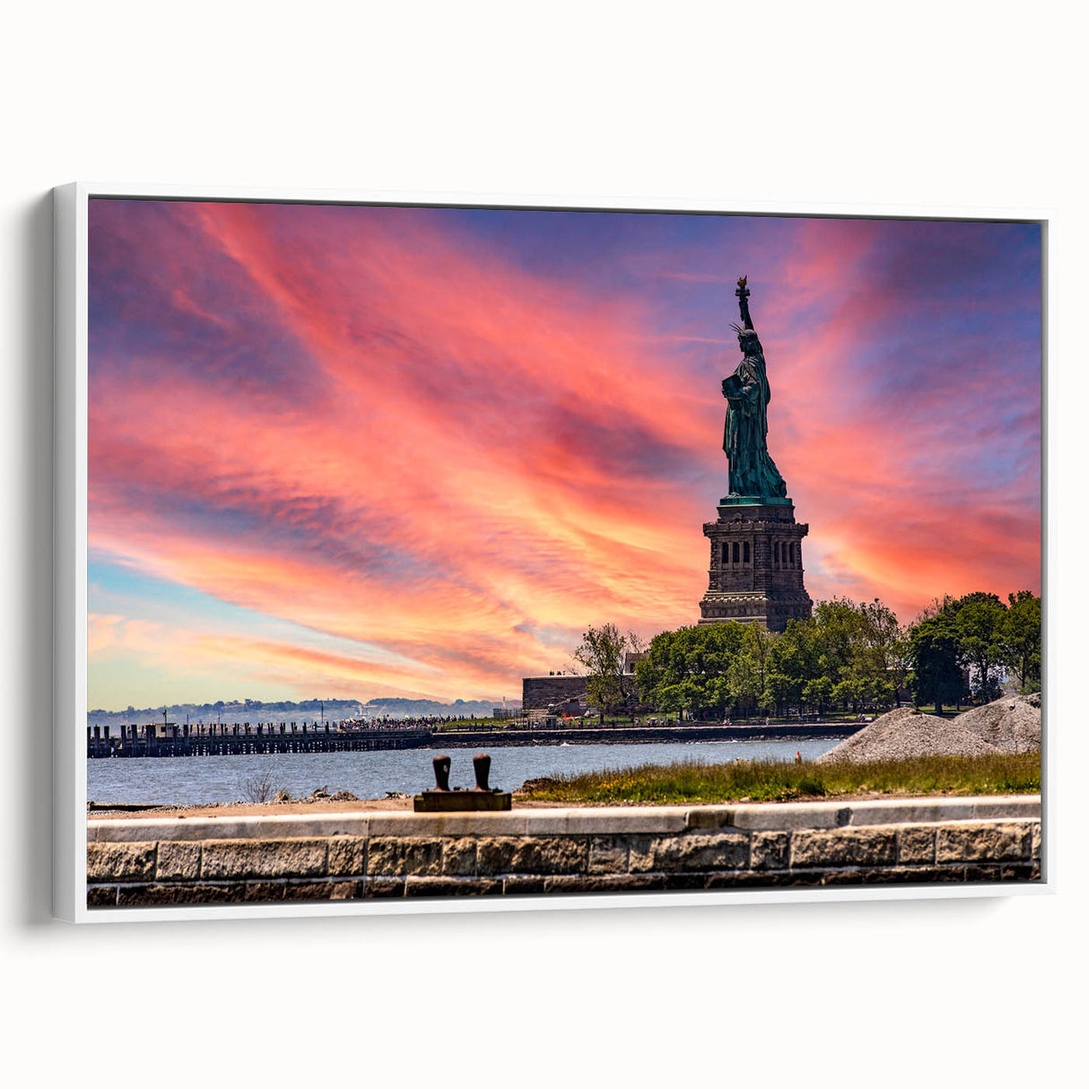 Vintage poster art of Ellis Island with colorful background on a large framed canvas, suitable for living room decor.