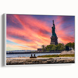 Vintage poster art of Ellis Island with colorful background on a large framed canvas, suitable for living room decor.