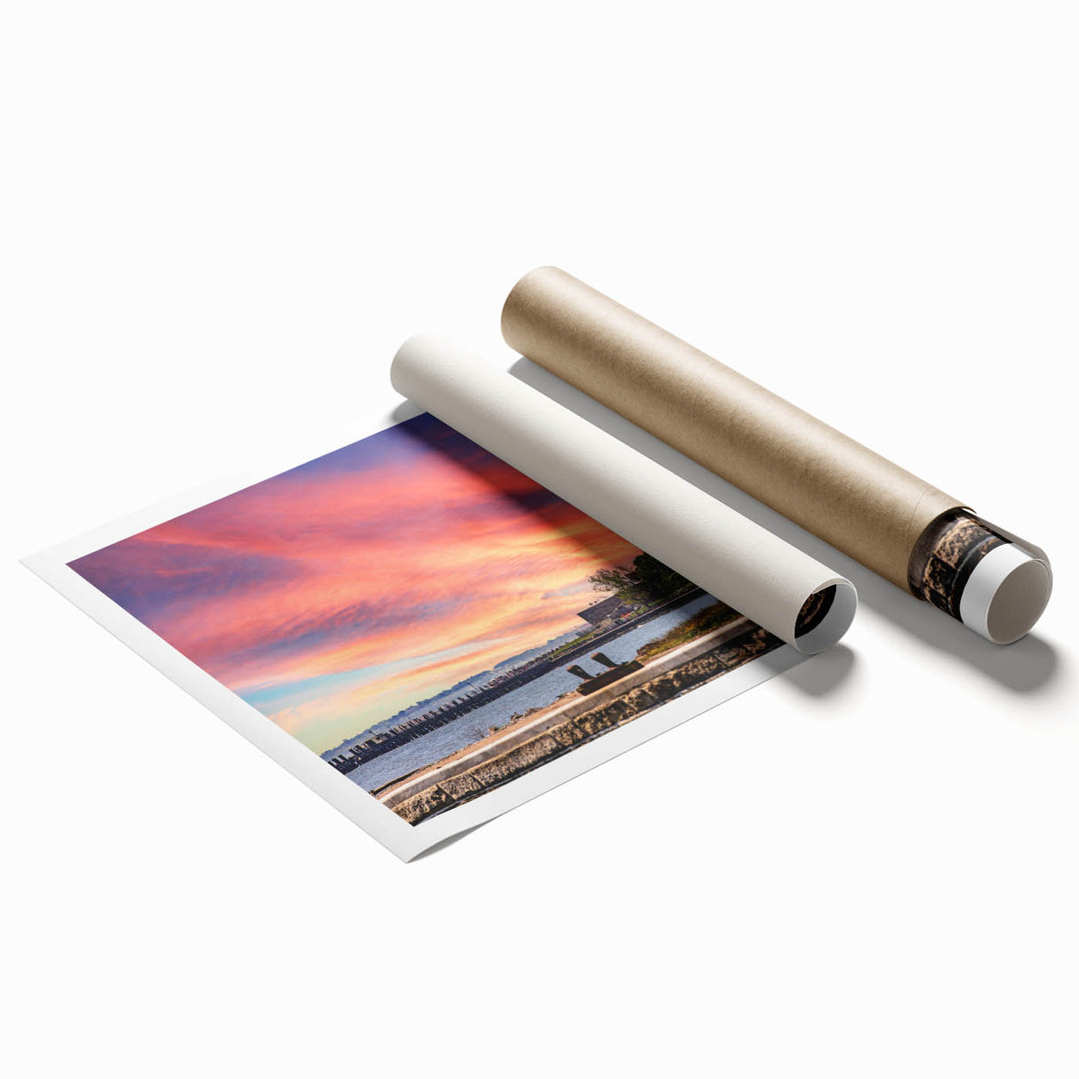 Extra large rolled print of Ellis Island with muted earth tones, perfect for classy bathroom wall art.