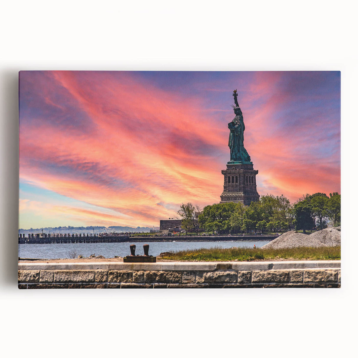 Black and white photograph of Ellis Island on stretched canvas, ideal for kitchen wall art.