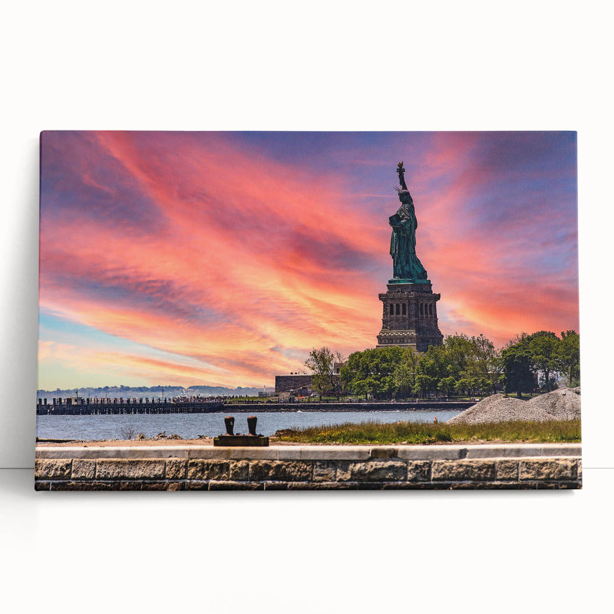 Black and white stretched canvas of the NYC skyline and Ellis Island, suitable as large kitchen wall art or for a bedroom.