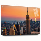 Acrylic print of the New York City skyline in muted gray and blue tones, ideal for modern bedroom or dining room decor.