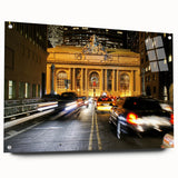 Acrylic glass print of New York City's Grand Central Station in muted gray tones, ideal for modern bedroom ambiance.