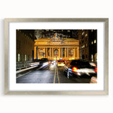 Textured abstract art print of NYC Grand Central in muted gray, framed in silver, ideal for bedroom decor.