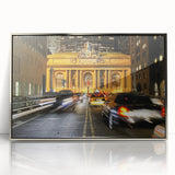 Mid-century modernist art of NYC's Grand Central in muted silver tones on a framed acrylic, ideal for modern art wall decor.