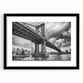 Extra large abstract art print of Manhattan Bridge in colorful, textured style on a black framed canvas.