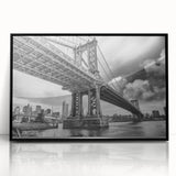 Large abstract wall art of Manhattan Bridge in muted gray and blue tones on a framed acrylic print.