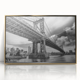 Acrylic print of Manhattan Bridge in gold tones, mid-century modernist style, suitable for modern art wall decor.