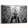 Black and white wall art featuring a vintage poster art style view of Rockefeller Center on a framed canvas.