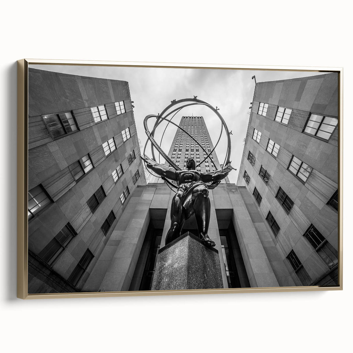 Framed canvas featuring a vintage-style New York City skyline in muted gold and black tones, ideal for bedroom wall art.