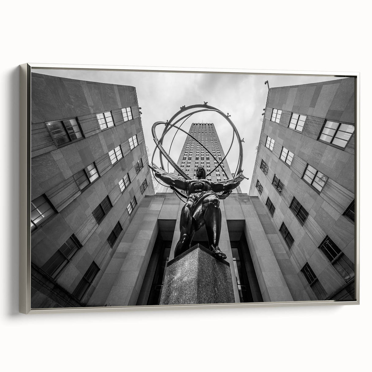 Framed canvas of a vintage New York City skyline in black with colorful accents, ideal for office decor.