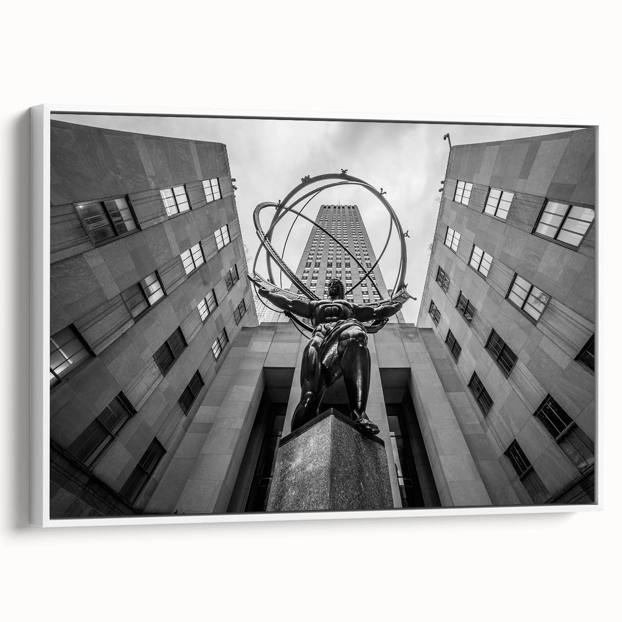 Vintage poster art of NYC Rockefeller Center in colorful art palette on extra large framed canvas, ideal for living room.