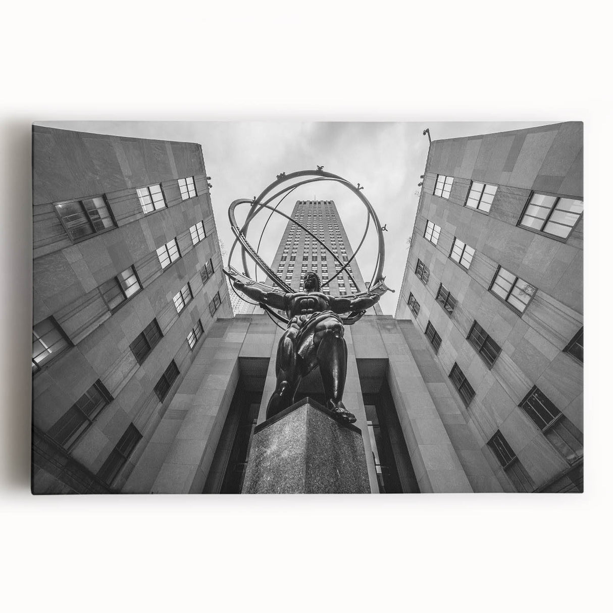 Black and white photo of NYC from Rockefeller Center on large stretched canvas, ideal for kitchen wall art.