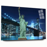 Acrylic print of the Statue of Liberty in muted green and blue tones, ideal for bedroom or dining room art.