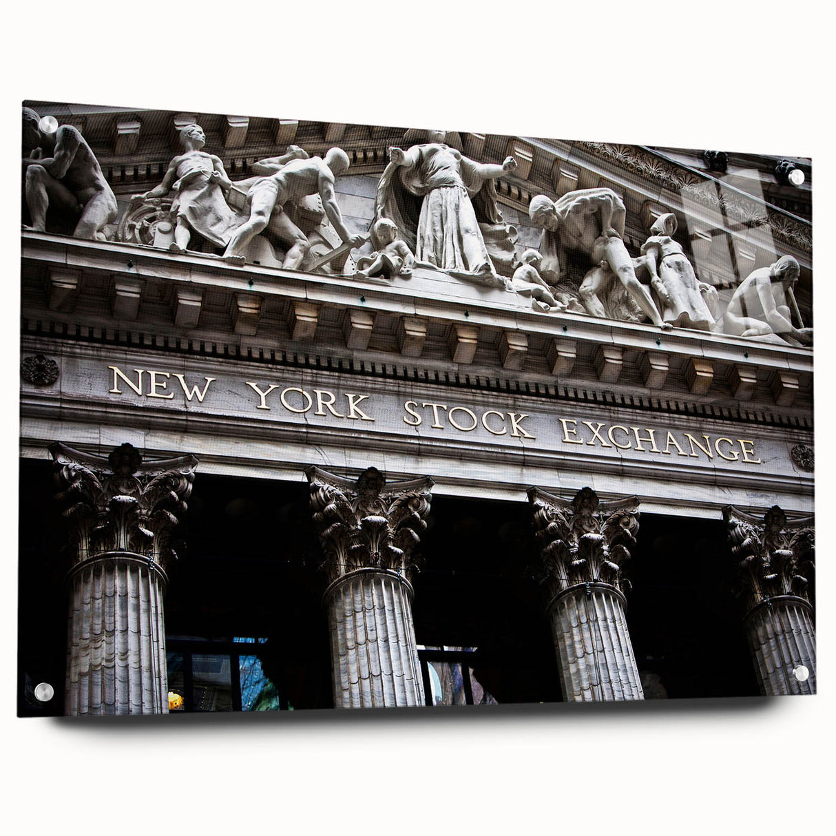 Acrylic print of a large abstract depiction of NYC in muted gray and blue tones, suitable for bedroom or dining room decor.