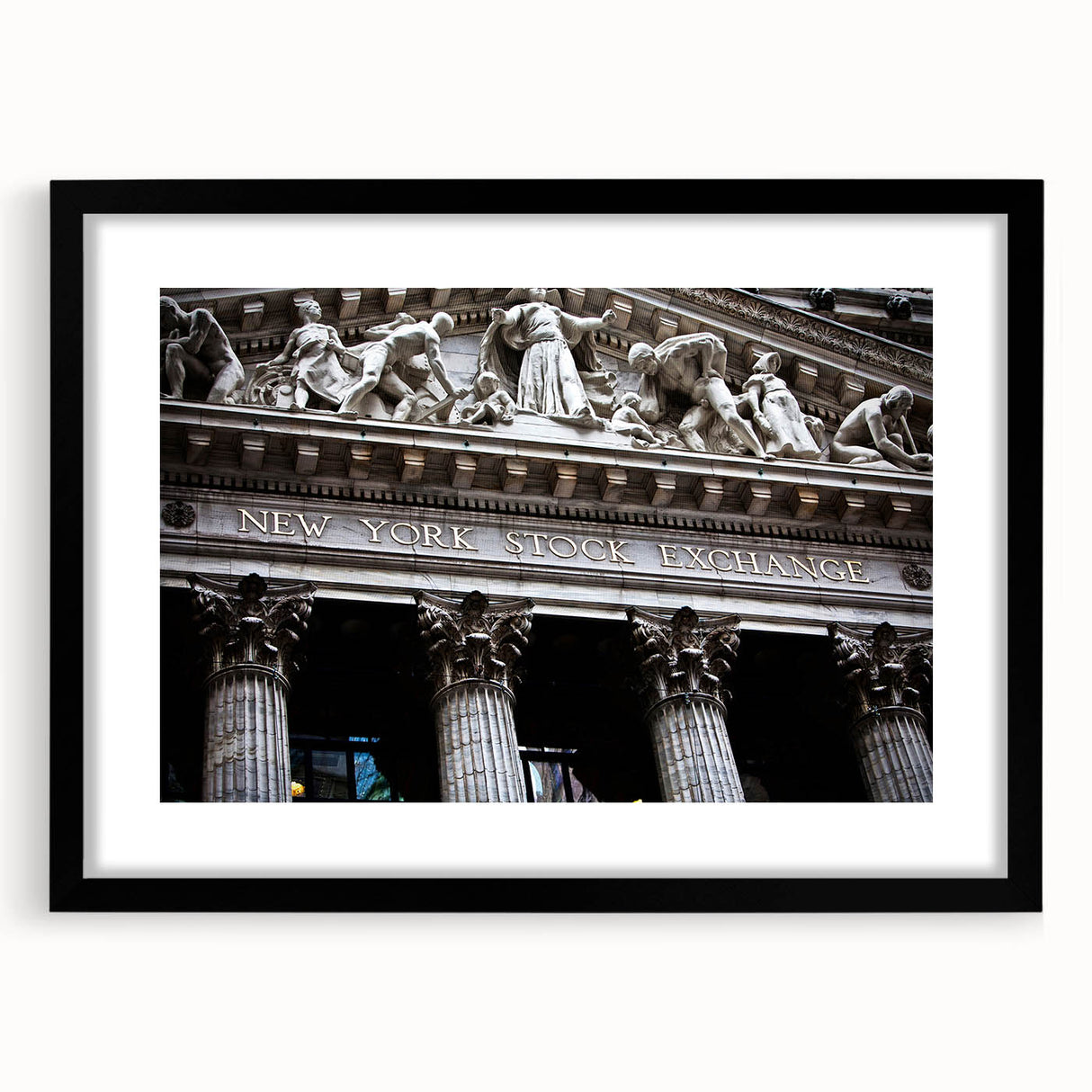 Extra large abstract art print of colorful, textured New York City skyline on a framed black canvas.