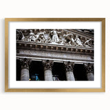 Extra large abstract art print of New York City skyline in muted gray and blue tones, framed in gold.