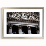 Textured art print of abstract New York City skyline in muted gray tones on a framed canvas, suitable for bedroom decor.