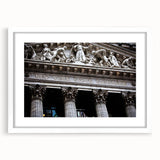 Abstract art print of New York City skyline in muted gray and blue tones, framed with a white mat.