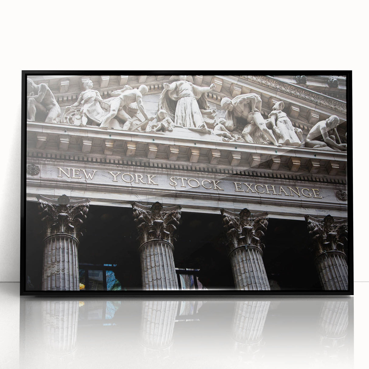 Large abstract wall art depicting the New York City skyline in muted gray tones, framed in black acrylic.