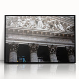 Large abstract wall art depicting the New York City skyline in muted gray tones, framed in black acrylic.