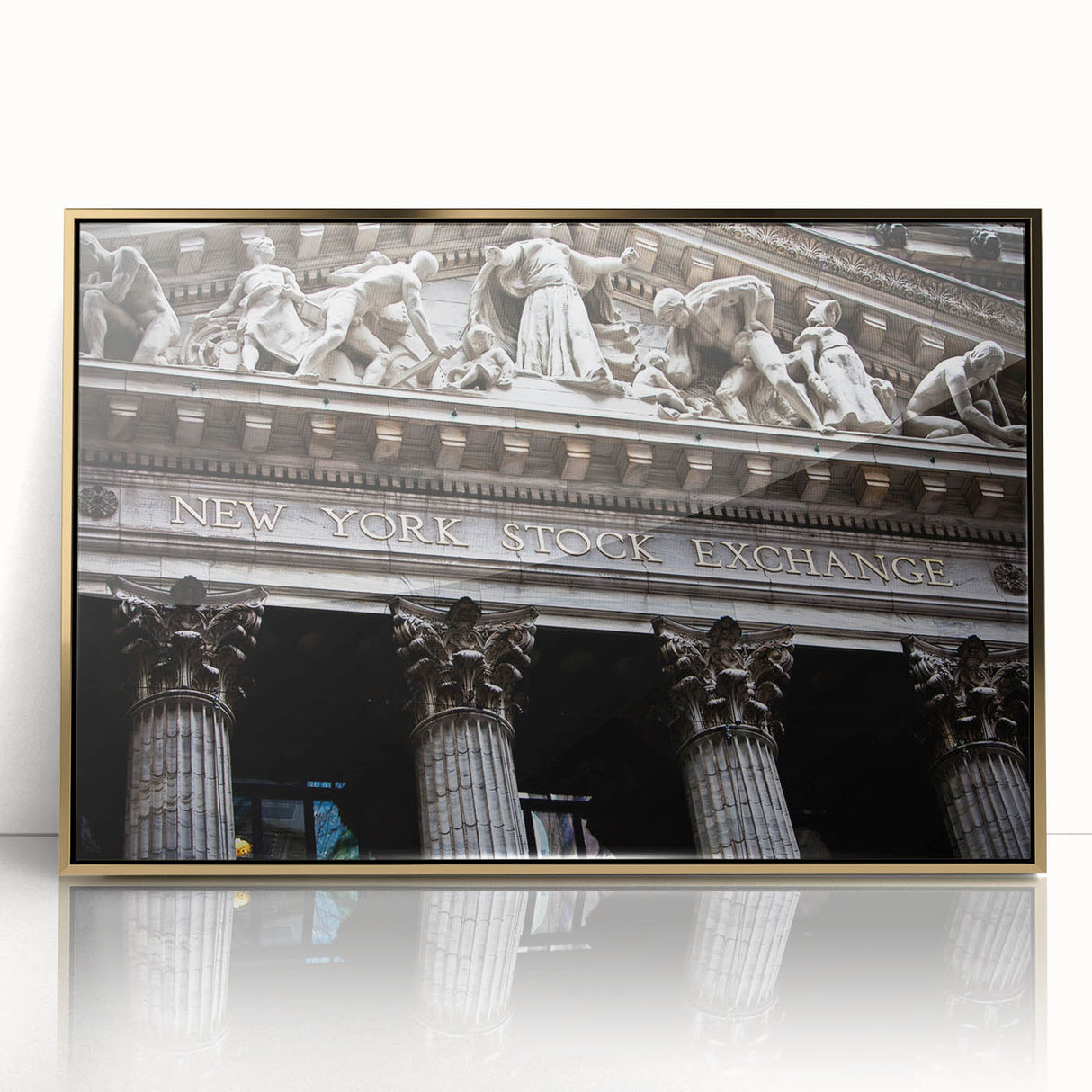 Large art print of New York City skyline in gold and black tones on framed acrylic, ideal for modern art wall decor.