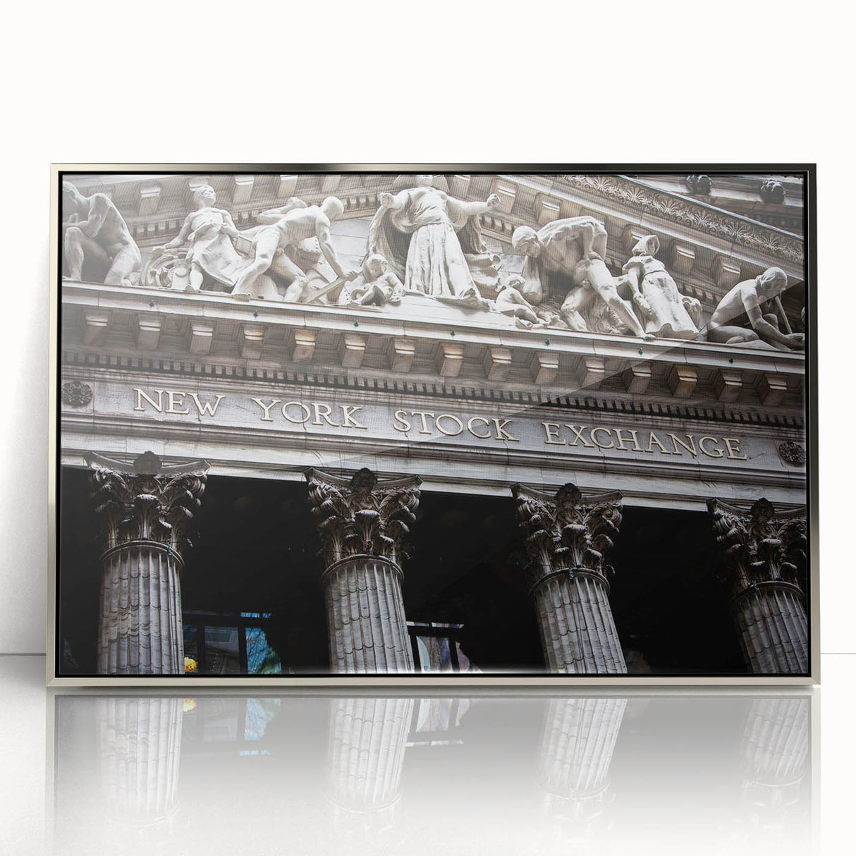 Mid-century modernist art of NYC skyline in muted silver tones on a framed acrylic, suitable for modern art wall decor.