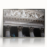 Mid-century modernist art of NYC skyline in muted silver tones on a framed acrylic, suitable for modern art wall decor.