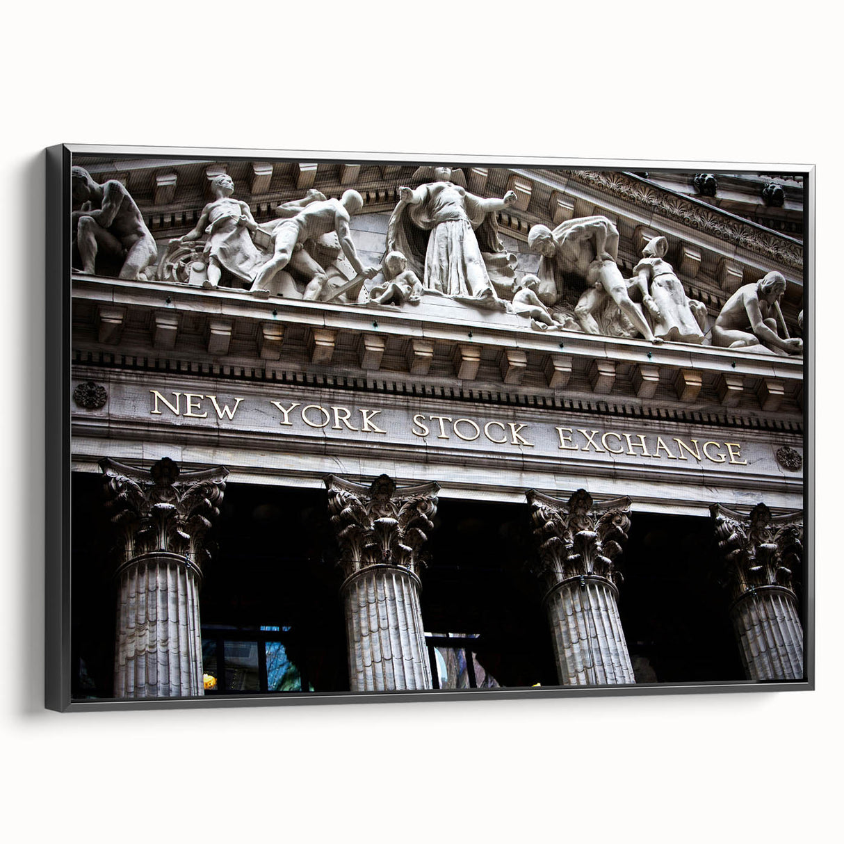 Black and white framed canvas depicting a vintage-style New York City skyline, ideal for bedroom wall art.
