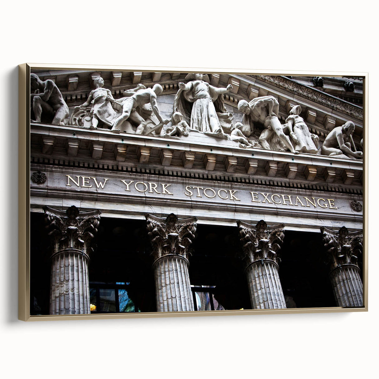 Framed canvas of a vintage-style New York City skyline in black and gold tones, ideal for bedroom wall art.
