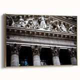 Framed canvas of a vintage-style New York City skyline in black and gold tones, ideal for bedroom wall art.