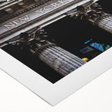 Art deco poster of New York City skyline in muted gray, ideal for dining room wall art, printed on rolled canvas.