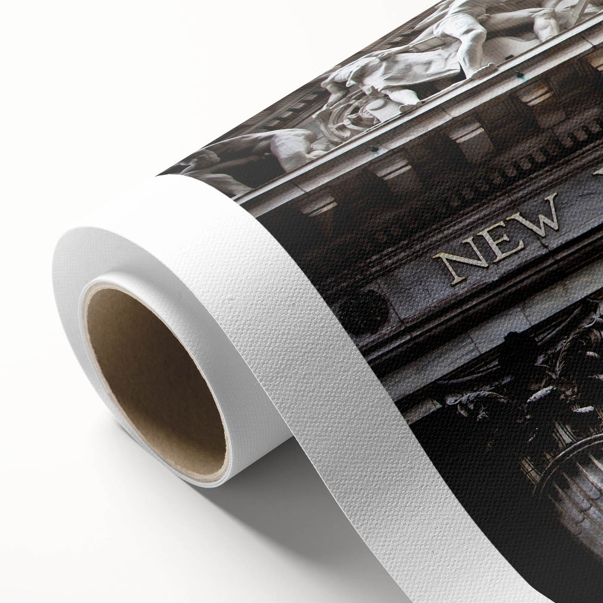 Art Deco poster of New York City skyline in muted gray and blue tones on rolled canvas, ideal for nursery wall art.