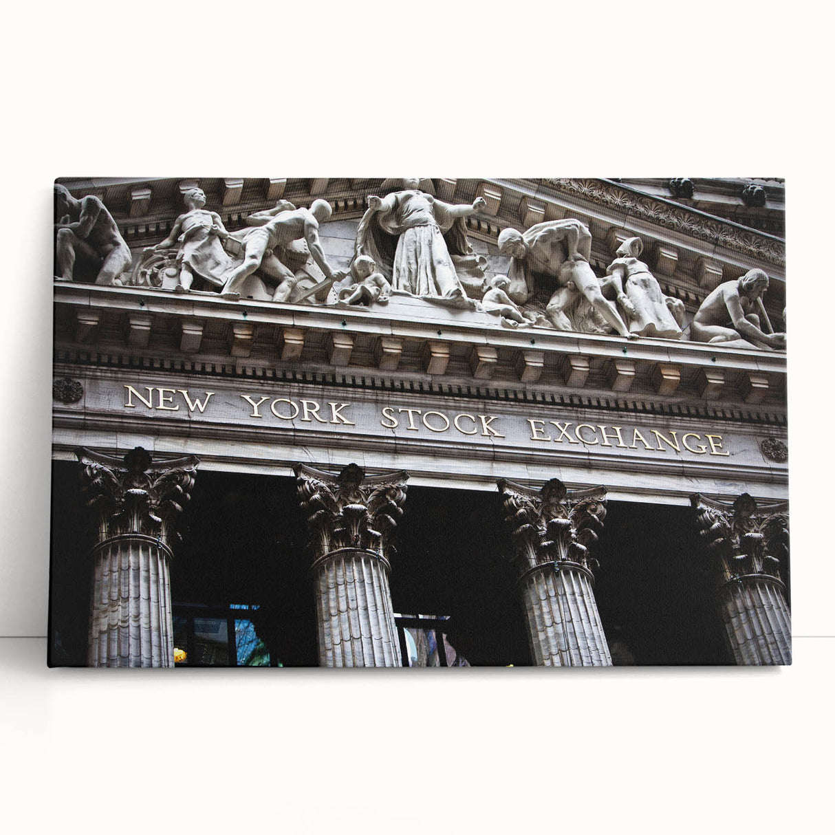 Black and white stretched canvas featuring a large New York City skyline, ideal for kitchen wall art or bedroom ambiance.