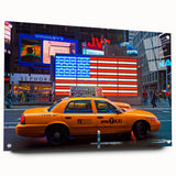Acrylic print of a bustling Times Square scene in vivid colors, suitable for bedroom or dining room decor.