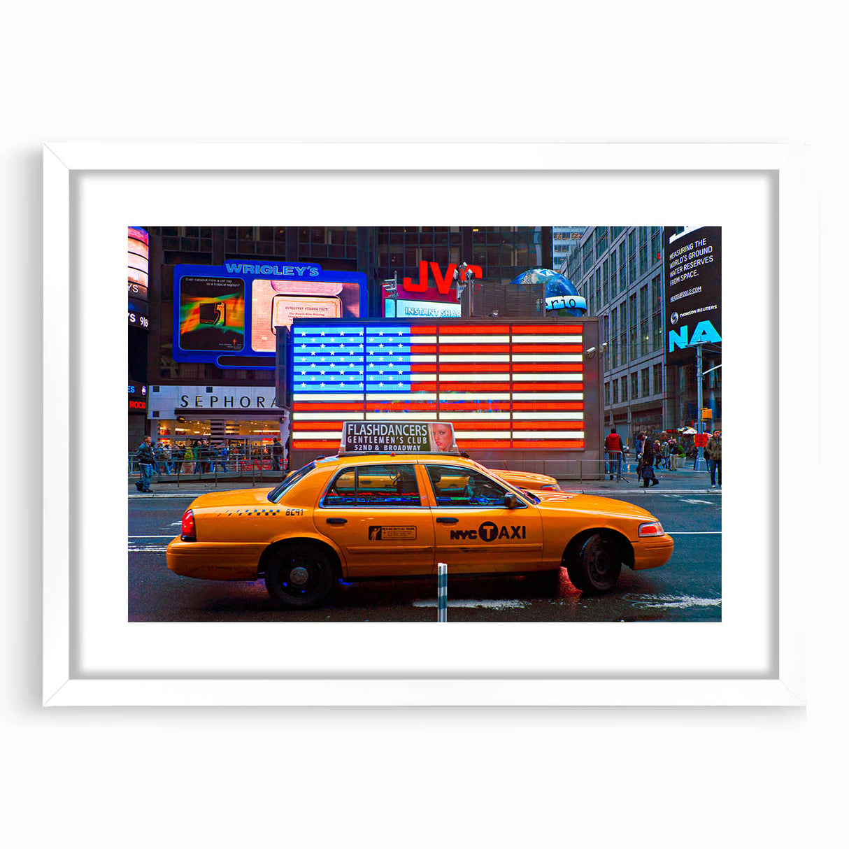 Abstract art print of Times Square with vibrant multicolor palette on a framed white mat, ideal for dining room decor.