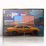 Times Square scene in acrylic print, featuring vivid colors and mid-century modernist style.