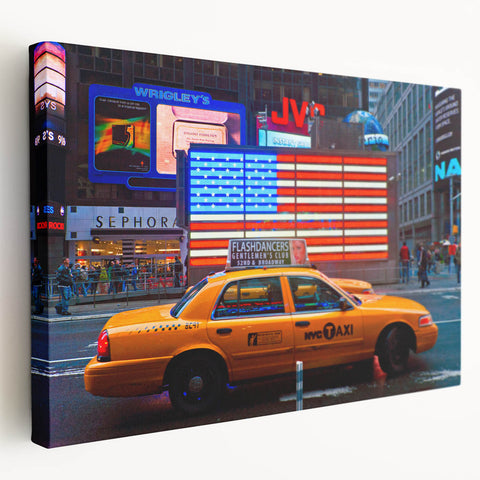 Times Square scene in vibrant colors on large stretched canvas, ideal for kitchen wall art.