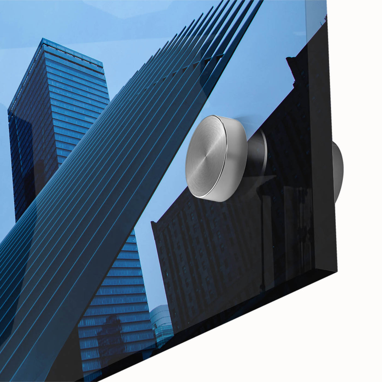 Large abstract depiction of NYC with a focus on the Trade Center in muted gray and blue tones on acrylic glass.