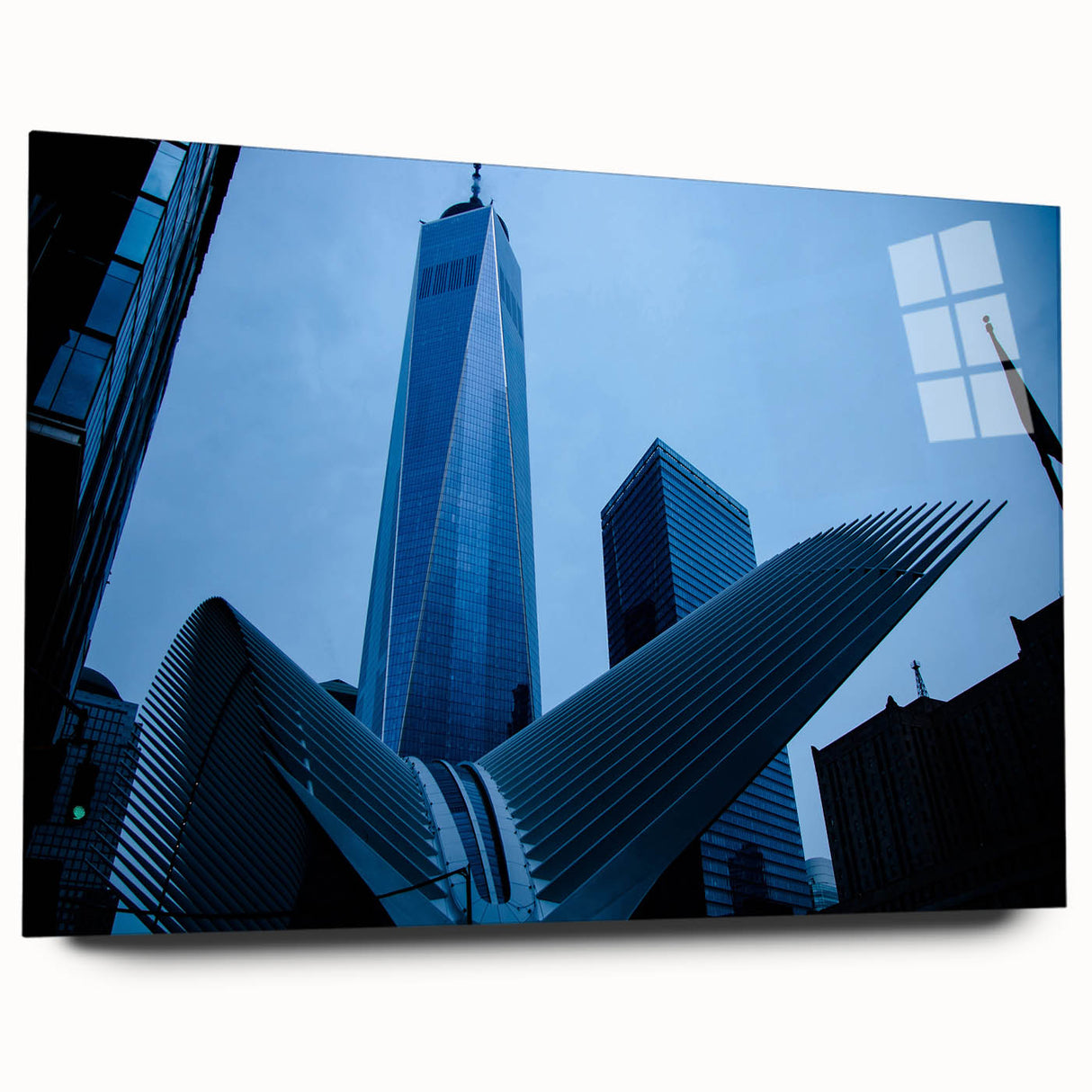 Acrylic print of a large abstract depiction of NYC, in muted grays and blues, ideal for bedroom or dining room art.