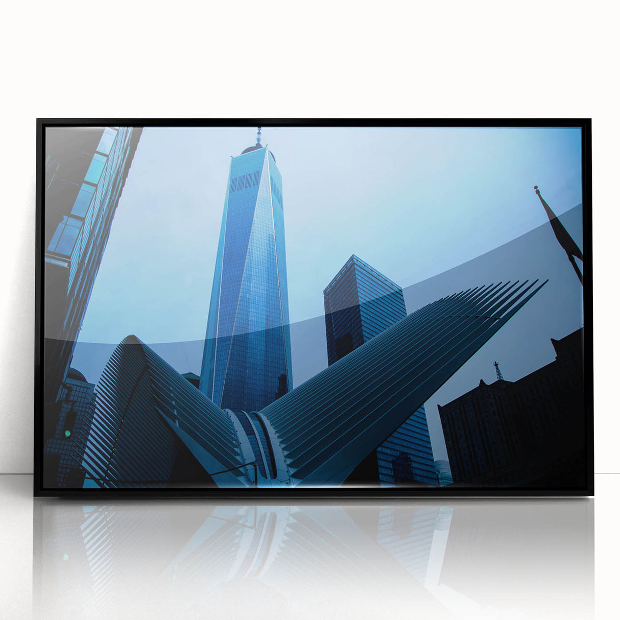 Large abstract wall art of NYC Trade Center in black and white acrylic, framed, ideal for modern office decor.