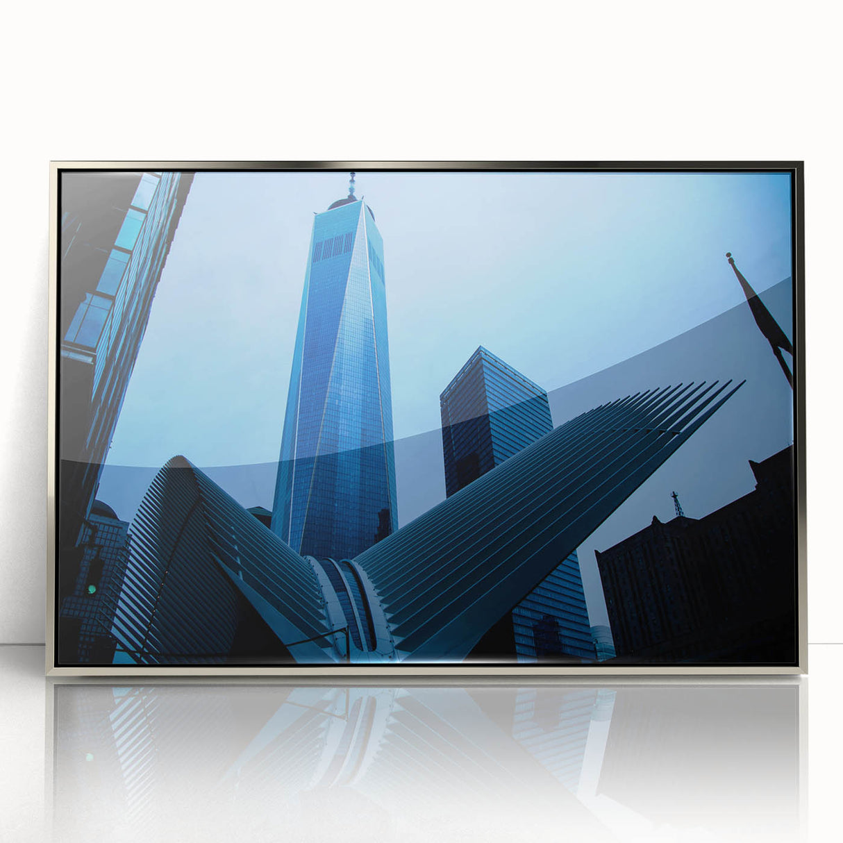 Mid-century modernist art of NYC skyline in muted metallic tones on a framed acrylic, suitable for modern art wall decor.